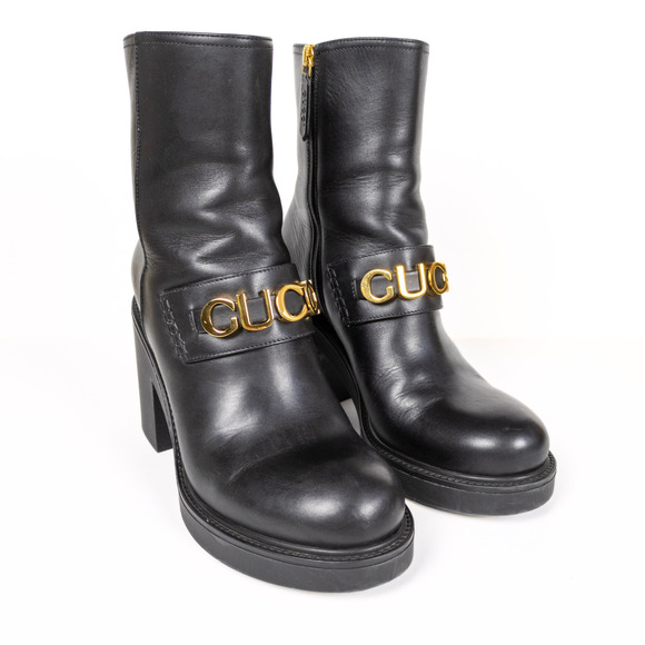 GUCCI Black Leather Cara Big Logo Chunky Heeled Bootie Mid Calf Women's EU 38 - Picture 2 of 11